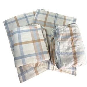Boll & Branch Queen Flannel Sheet Set 100% Organic Cotton Plaid Cream Blue NWOT